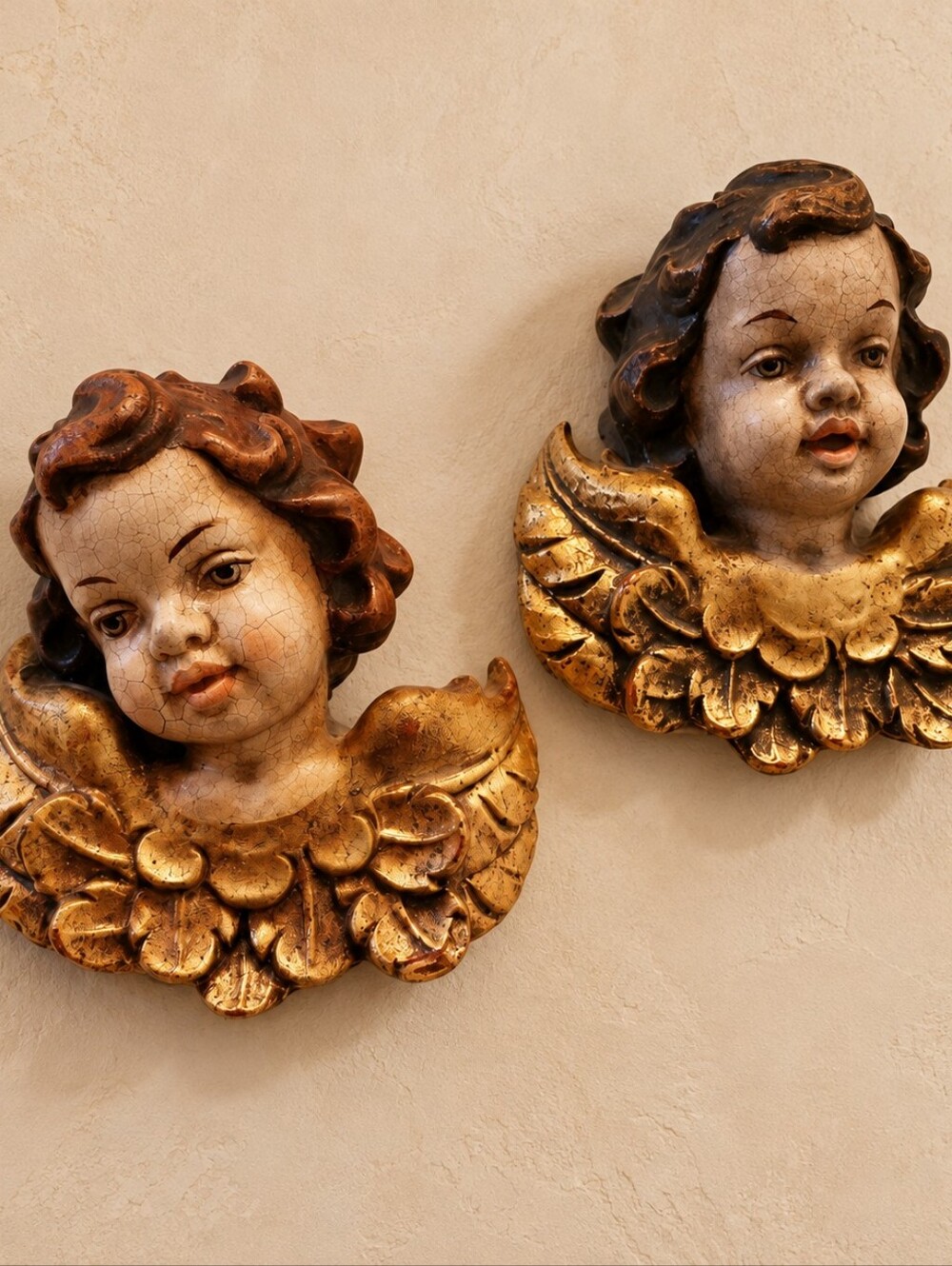 Vintage Cherub Angel Wall Busts Pair Gold Gilt Baroque Italian Wall Decor Putti